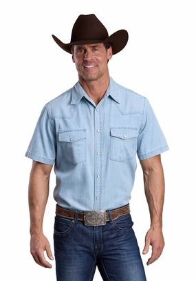 Rooftop Bar Friends Meetup Stetson Mens Lightweight Chambray Blue 100% Cotton S/S Shirt