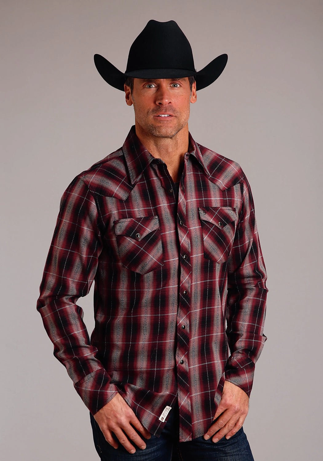 Pocket Detail No Bulk Layering System Stetson Mens Marl Plaid Red 100% Cotton L/S Shirt