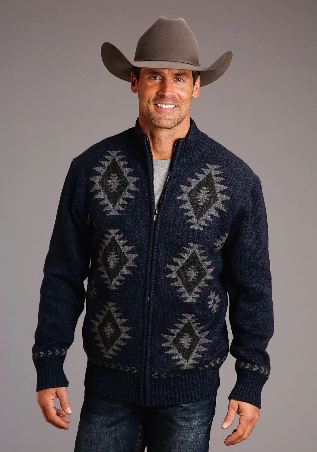 Fitted Design Stetson Mens Navy/Grey Cotton/Wool Aztec Pattern Cardigan
