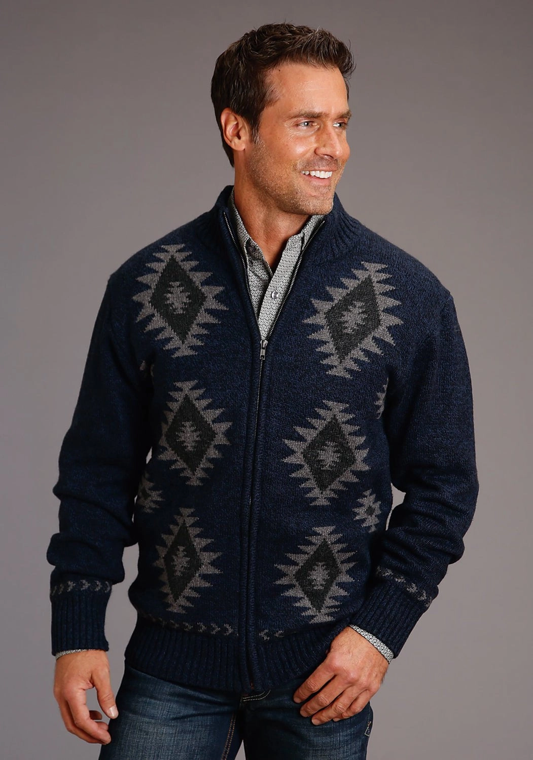 Stetson Mens Navy/Grey Cotton/Wool Aztec Pattern Cardigan Anti Static Treatment Cooling Mesh Lining