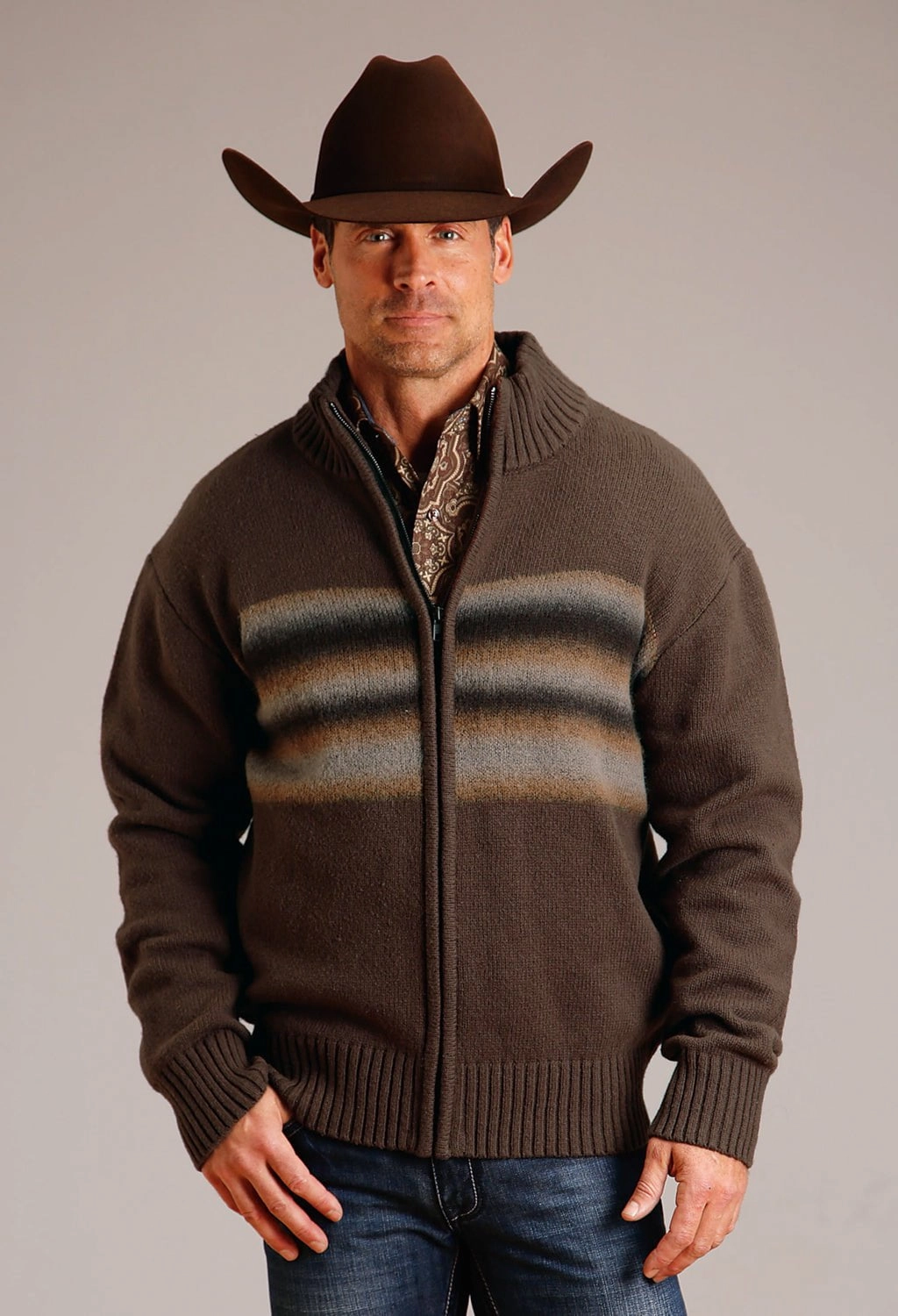 Classic Design EasyCare Fabric Stetson Mens Ombre Border Stripe Grey Wool Blend Cardigan Sweater
