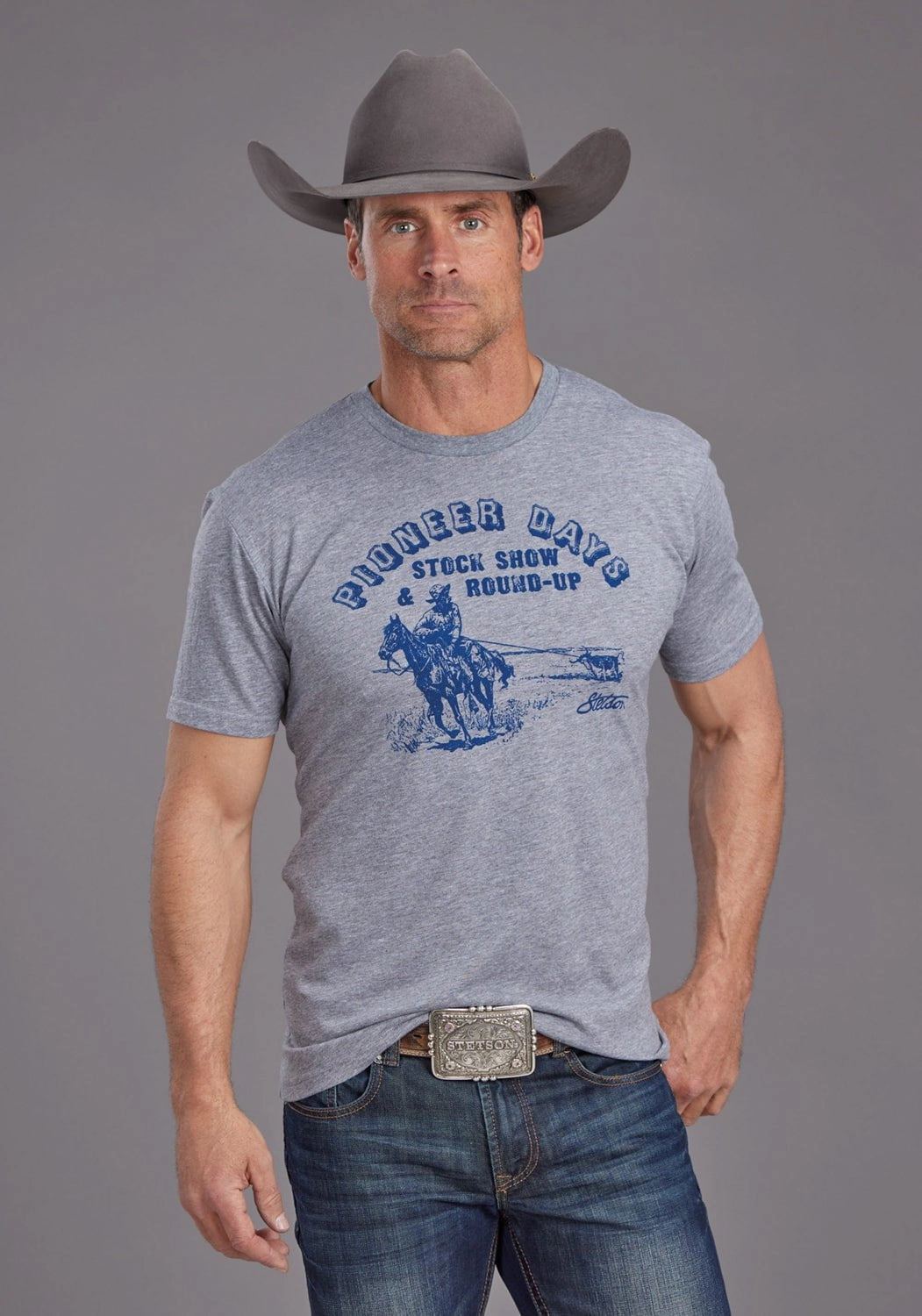 Breathable Wearable Ethically Sourced Materials Stetson Mens Pioneer Round Up Grey Cotton Blend S/S T-Shirt