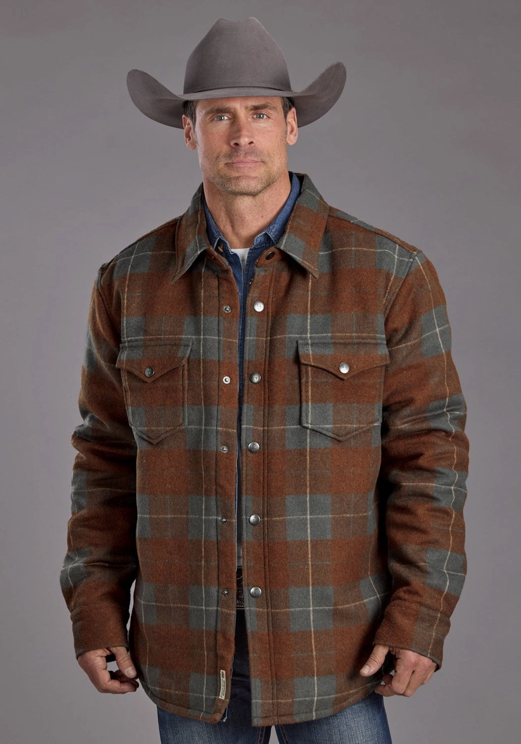 Simple Fit Stetson Mens Plaid Shirt Charcoal/Rust Poly/Wool Wool Jacket