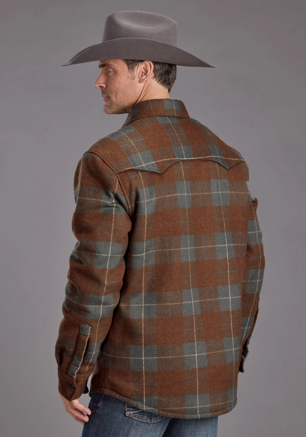Stetson Mens Plaid Shirt Charcoal/Rust Poly/Wool Wool Jacket Reinforced Seams Comfort Focused Design