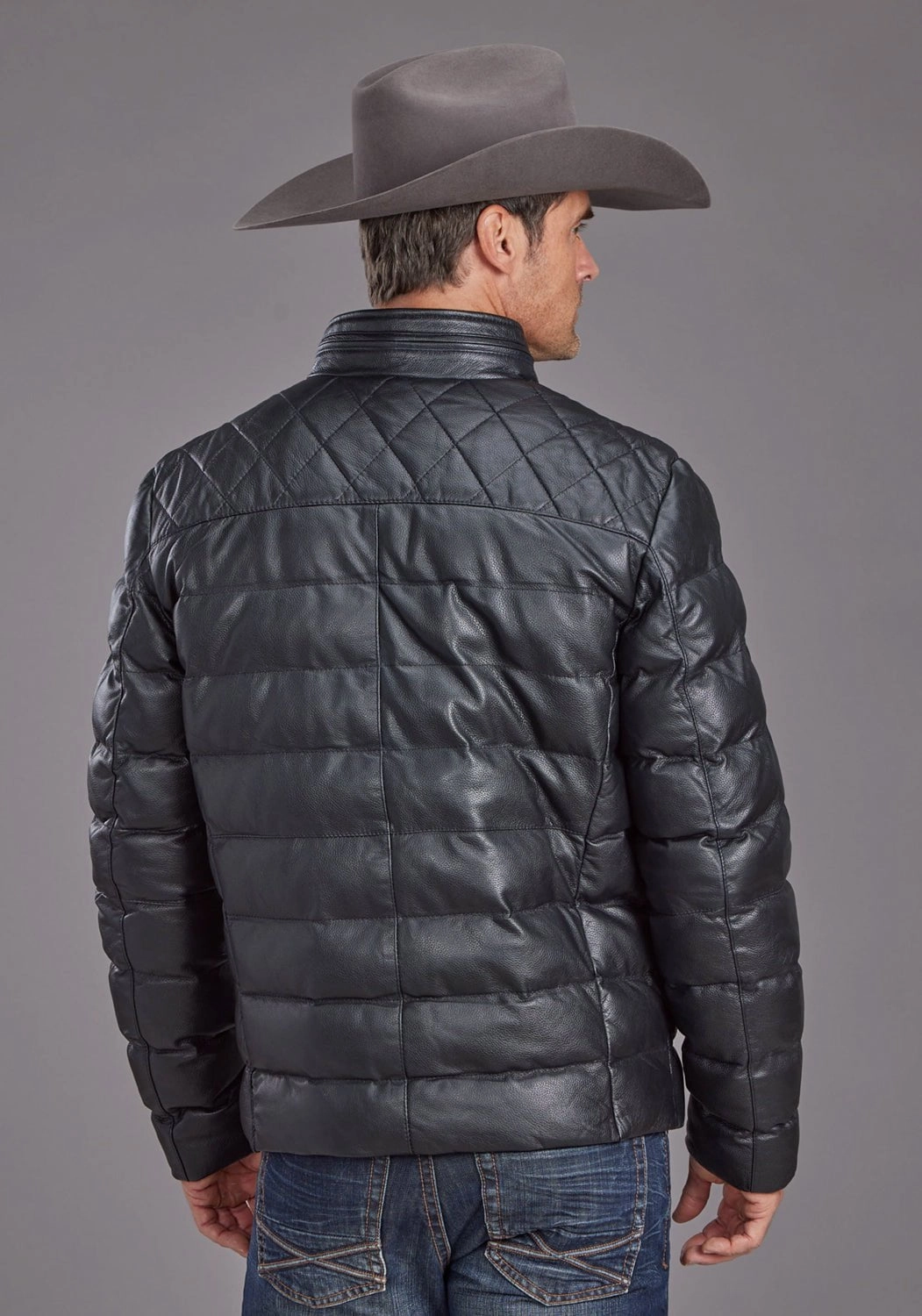 Stetson Mens Quilted Smooth Black Leather Insulated Jacket Light Day Jacket Nylon Cover