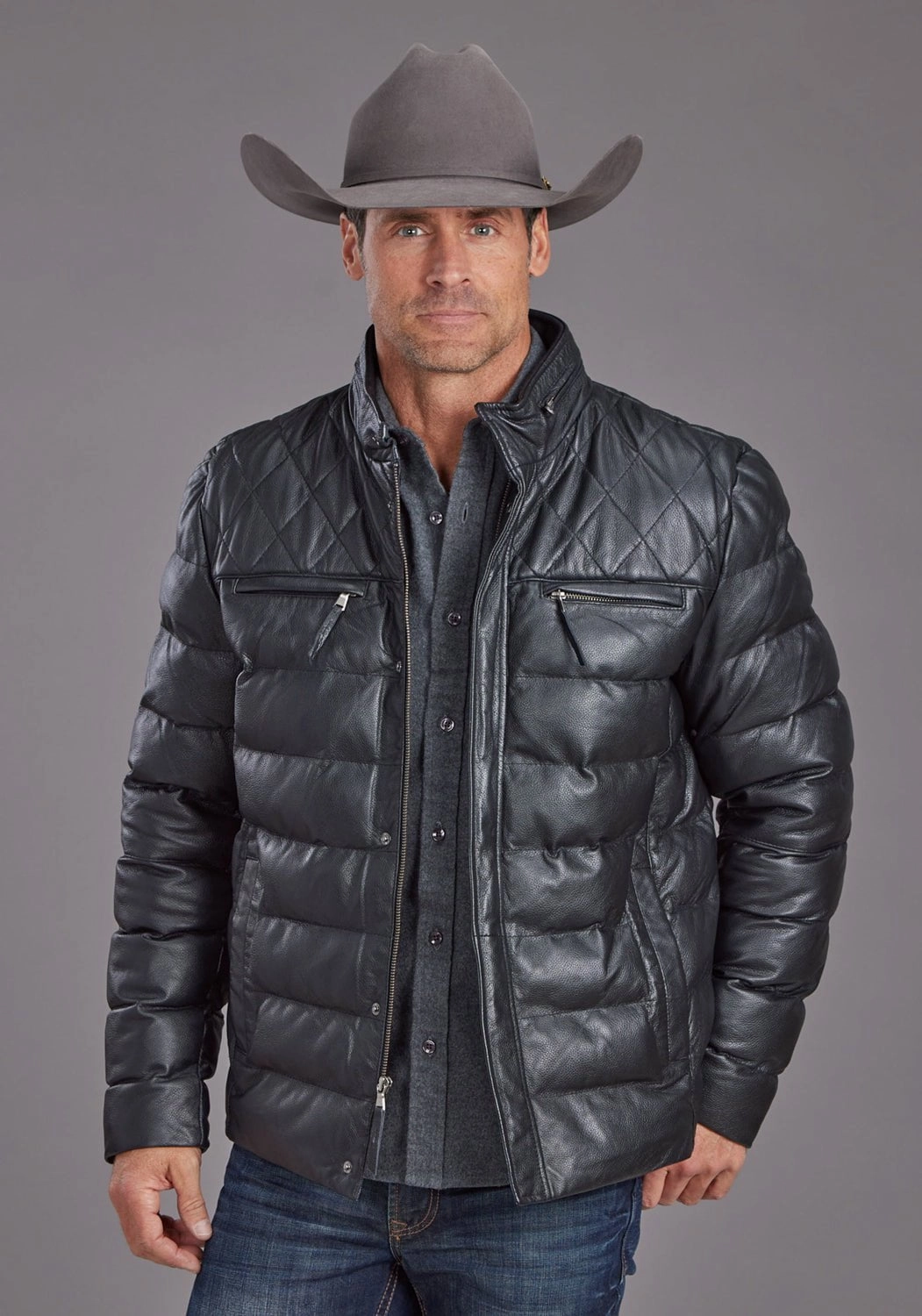 Stetson Mens Quilted Smooth Black Leather Insulated Jacket Aramid Fiber Blend Layer Piece