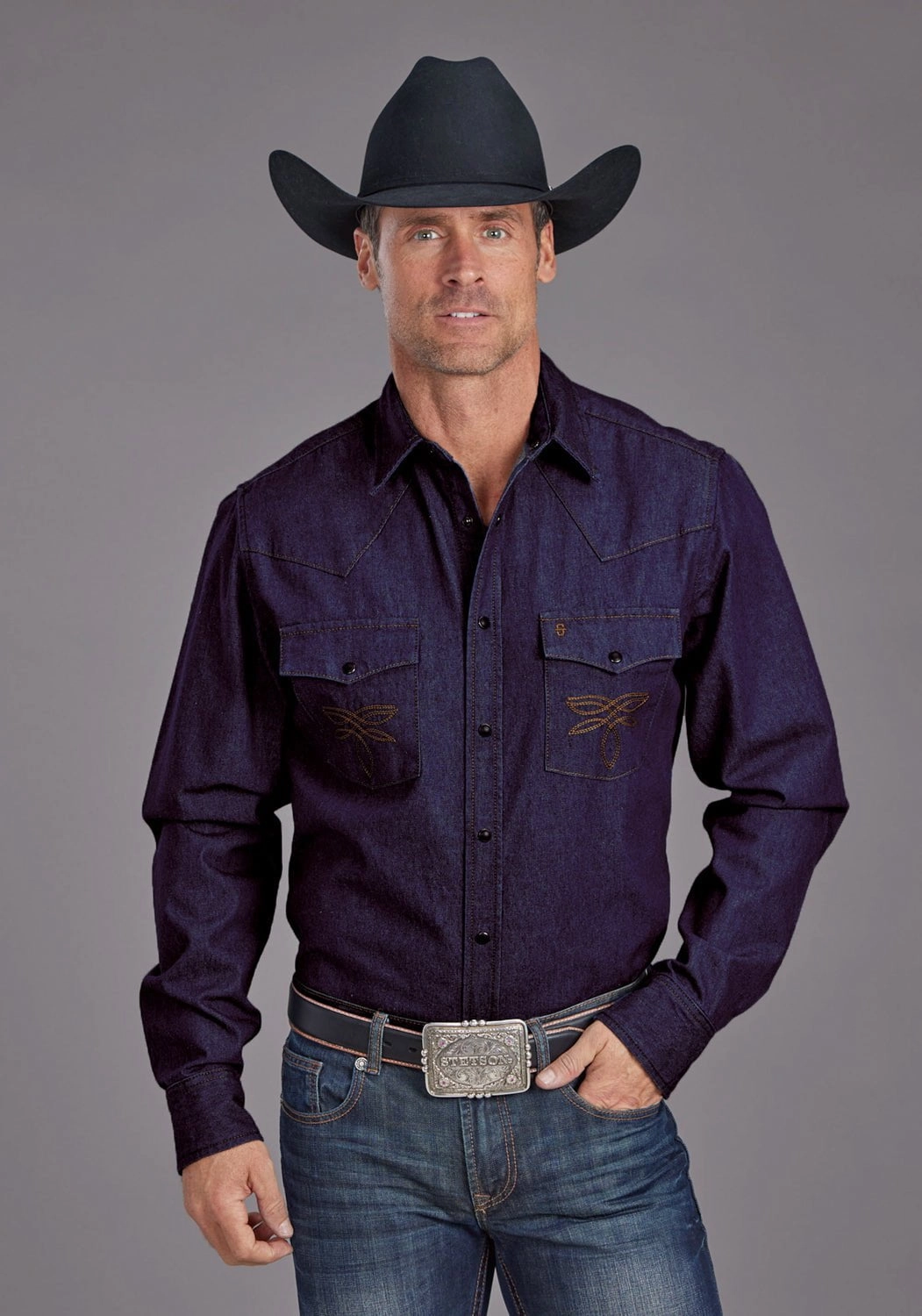 Autumn Look Stetson Mens Raw Boot Stitch Blue 100% Cotton L/S Shirt