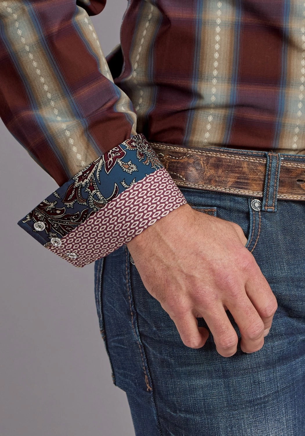 Stetson Mens Red Rock Dobby Plaid Wine 100% Cotton L/S Shirt Workwear Ready