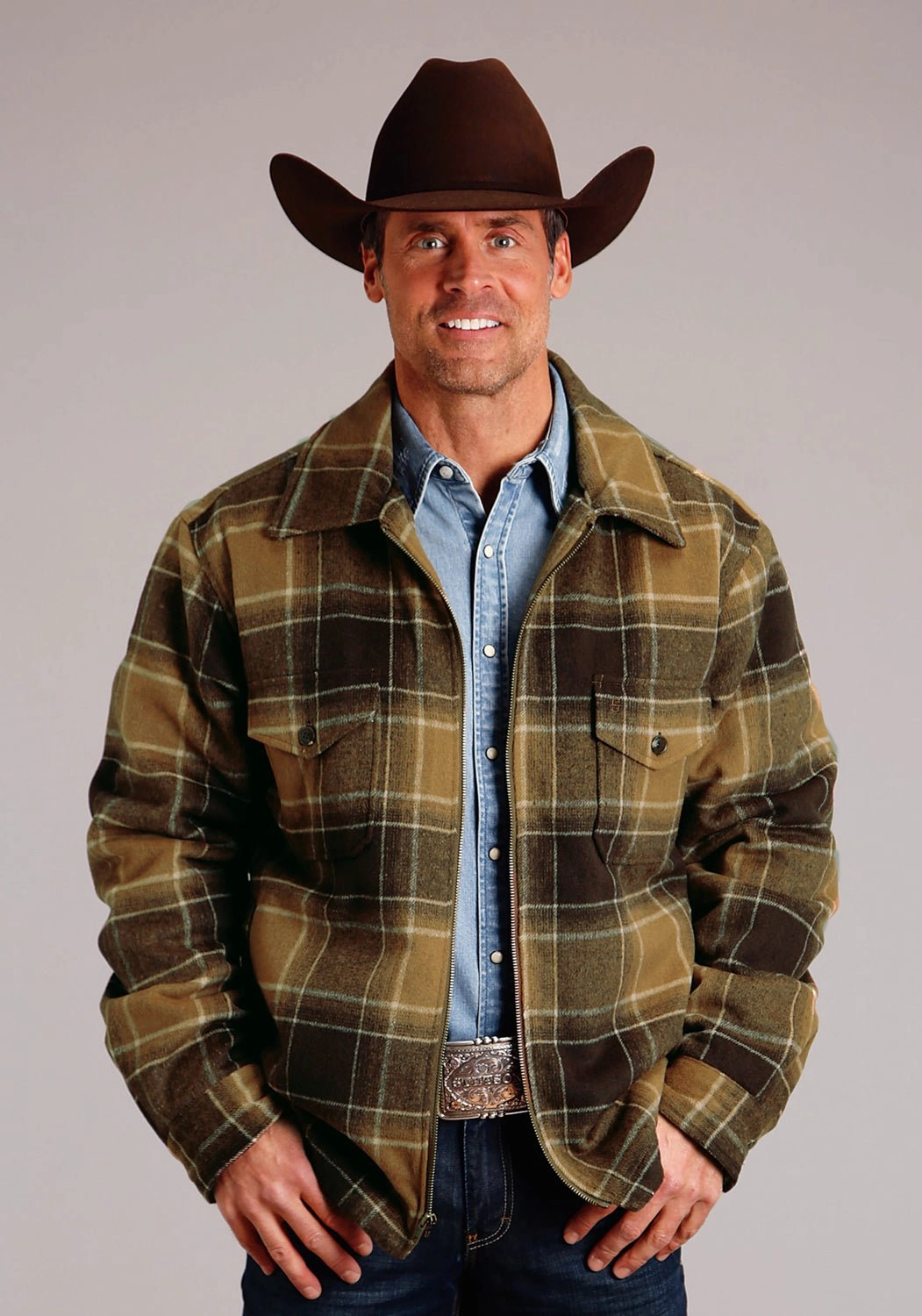 Stetson Mens Rugged Plaid Brown Poly/Wool Wool Jacket Weatherproof Zippers Softshell Coating