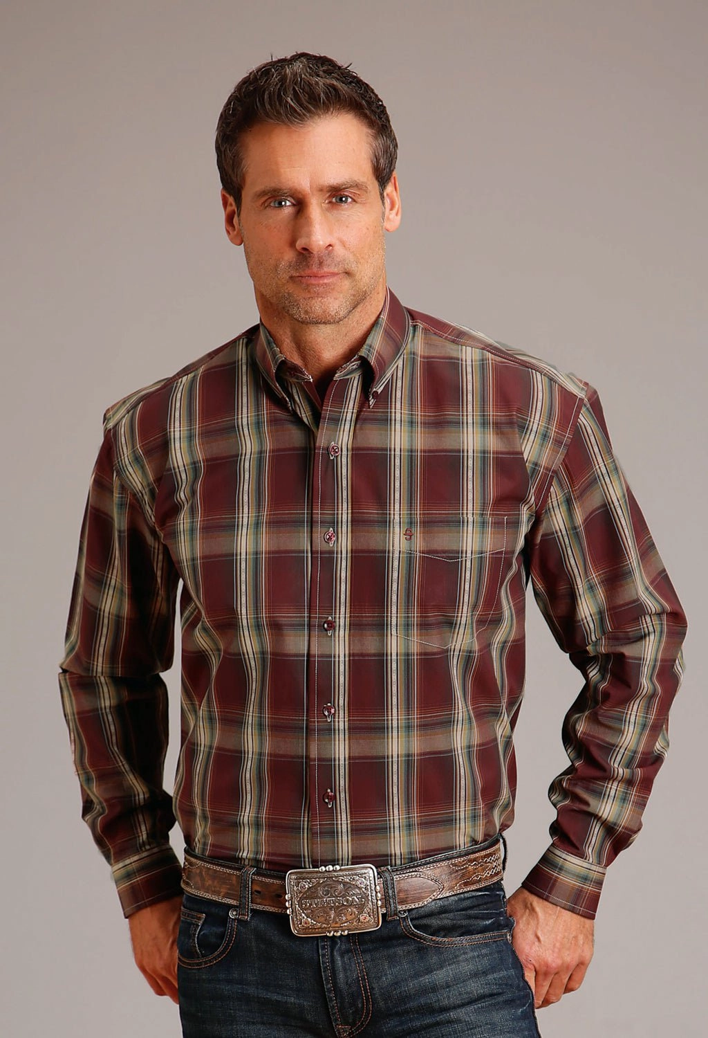 Stetson Mens Sandstone Ombre Wine 100% Cotton L/S Shirt Eco-Friendly Fabric