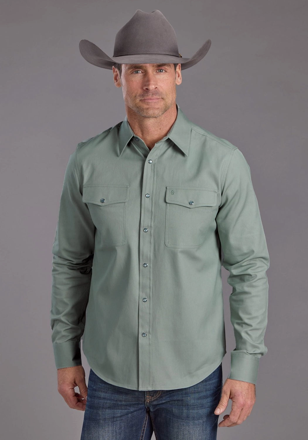Layered Collar Stetson Mens Silver Sage Brushed Twill Green 100% Cotton L/S Shirt