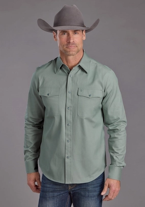 Layered Collar Stetson Mens Silver Sage Brushed Twill Green 100% Cotton L/S Shirt