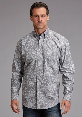 Stetson Mens Silver Spring Paisley Grey 100% Cotton 1 Pkt L/S Shirt Stylish Detail