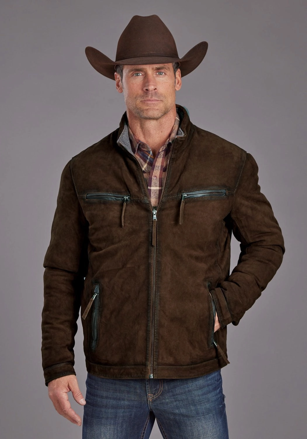 SeamlessShoulderPanels Hidden Pocket System Stetson Mens Smoother Moto Burnt Brown Leather Leather Jacket