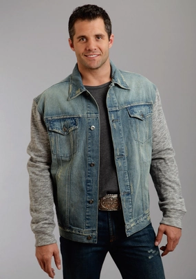 Stetson Mens Stretch Knit Sleeves Blue 100% Cotton Jacket Cashmere Blend