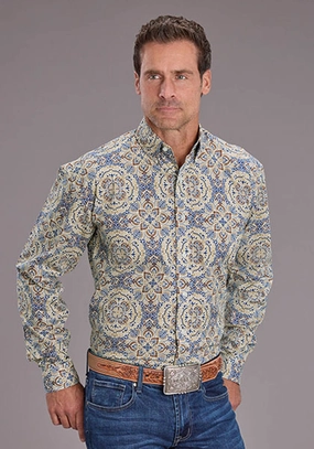 Stetson Mens Summer Medallion Paisley Blue 100% Cotton 1 Pkt L/S Shirt Layered Look Holiday Special