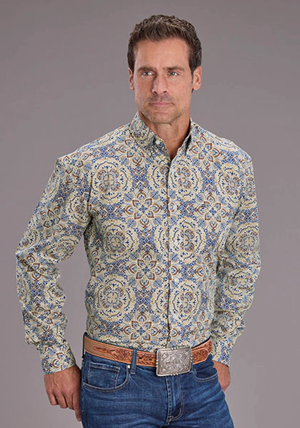 Tailored Cuffs Stetson Mens Summer Medallion Paisley Blue 100% Cotton 1 Pkt L/S Shirt