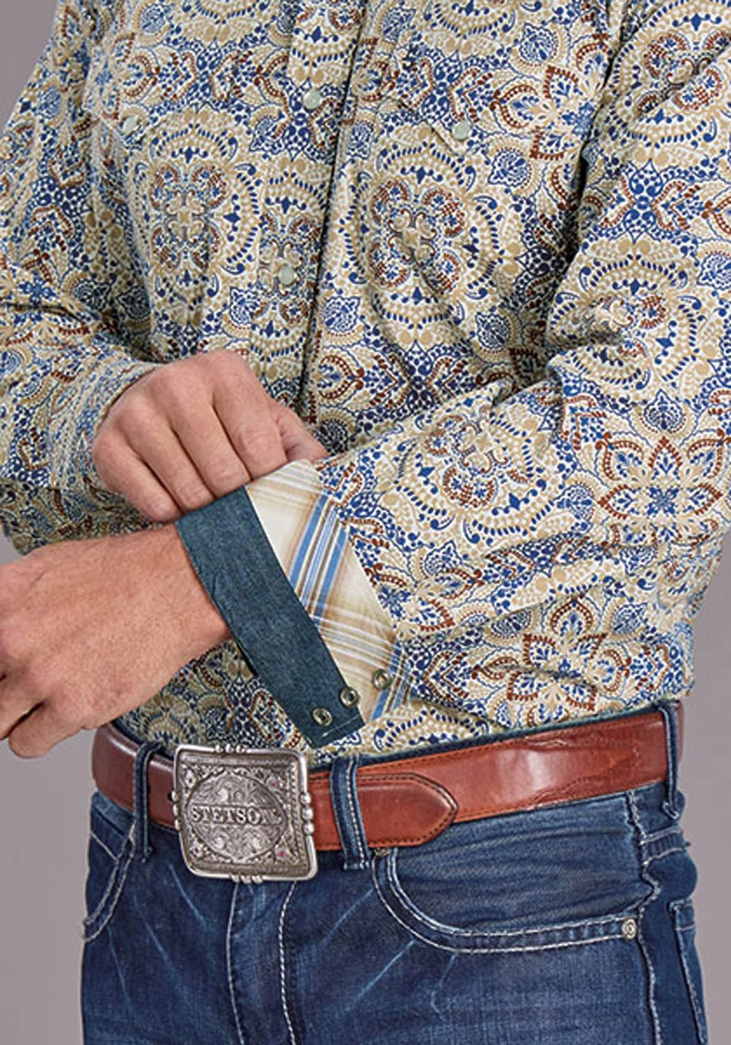 Stetson Mens Summer Medallion Paisley Blue 100% Cotton L/S Shirt Reinforced Side Vents Temperature Regulating