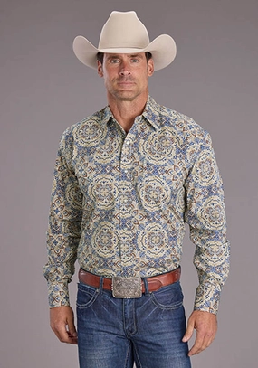 Stetson Mens Summer Medallion Paisley Blue 100% Cotton L/S Shirt Comfort Stretch Breathable Layer