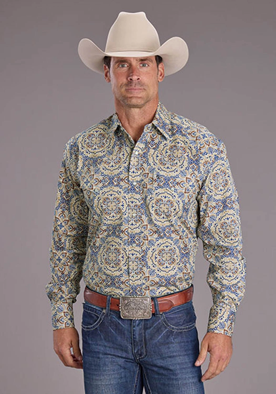 Stetson Mens Summer Medallion Paisley Blue 100% Cotton L/S Shirt Comfort Stretch Breathable Layer