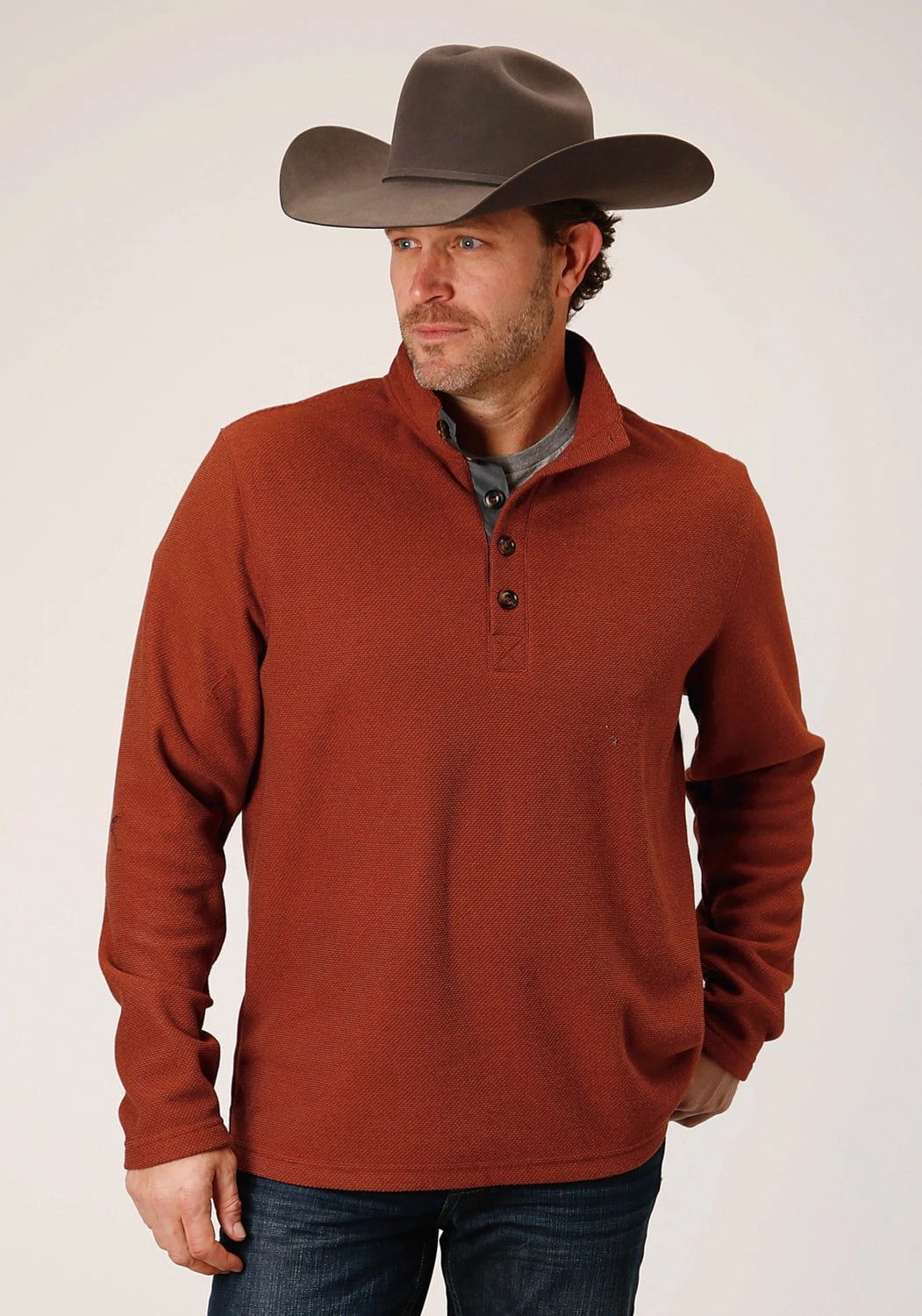 Odor Control Technology Textured Finish Stetson Mens Sweater Knit Rust 100% Polyester Pullover Sweater