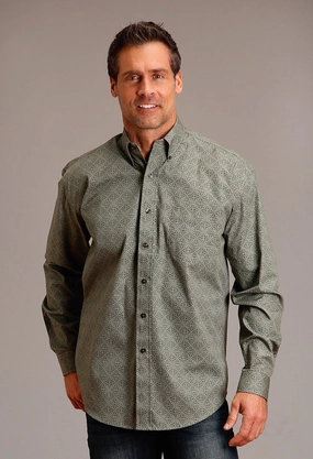 wrinkle free Geometric Shape Stetson Mens Tonal Tile Green 100% Cotton L/S Shirt