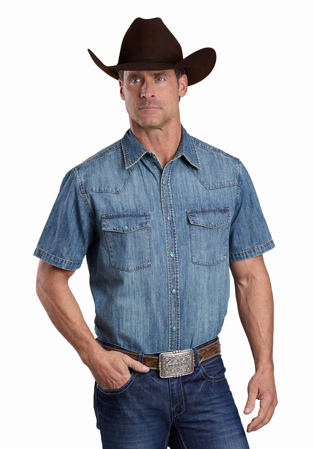 Stetson Mens Turquoise Hex Snaps Stonewashed Denim 100% Cotton S/S Shirt Festival Fashion