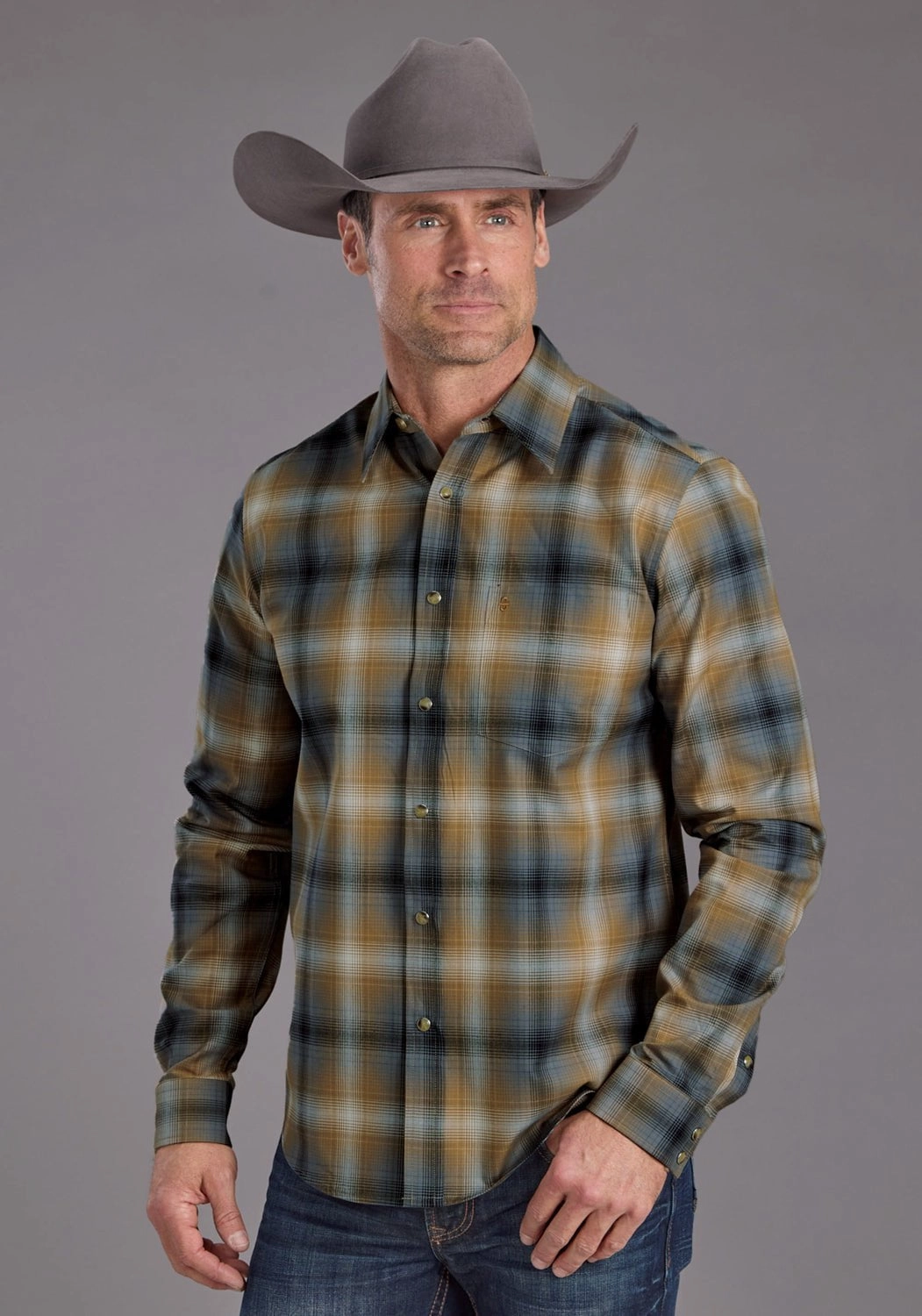 Sweat-Absorbing Short Sleeve Stetson Mens Twill Ombre Plaid Khaki/Black 100% Cotton L/S Shirt