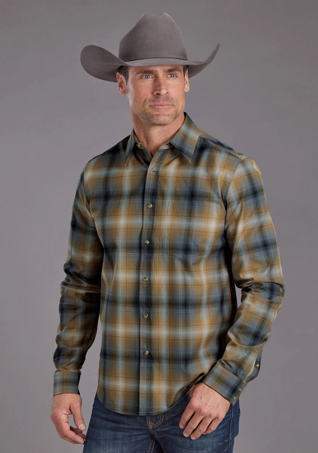 Mix-And-Match Stetson Mens Twill Ombre Plaid Khaki/Black 100% Cotton L/S Shirt