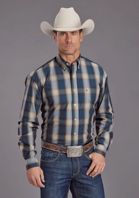 Chic Look Stetson Mens Vintage Dobby Blue 100% Cotton 1 Pkt L/S Shirt