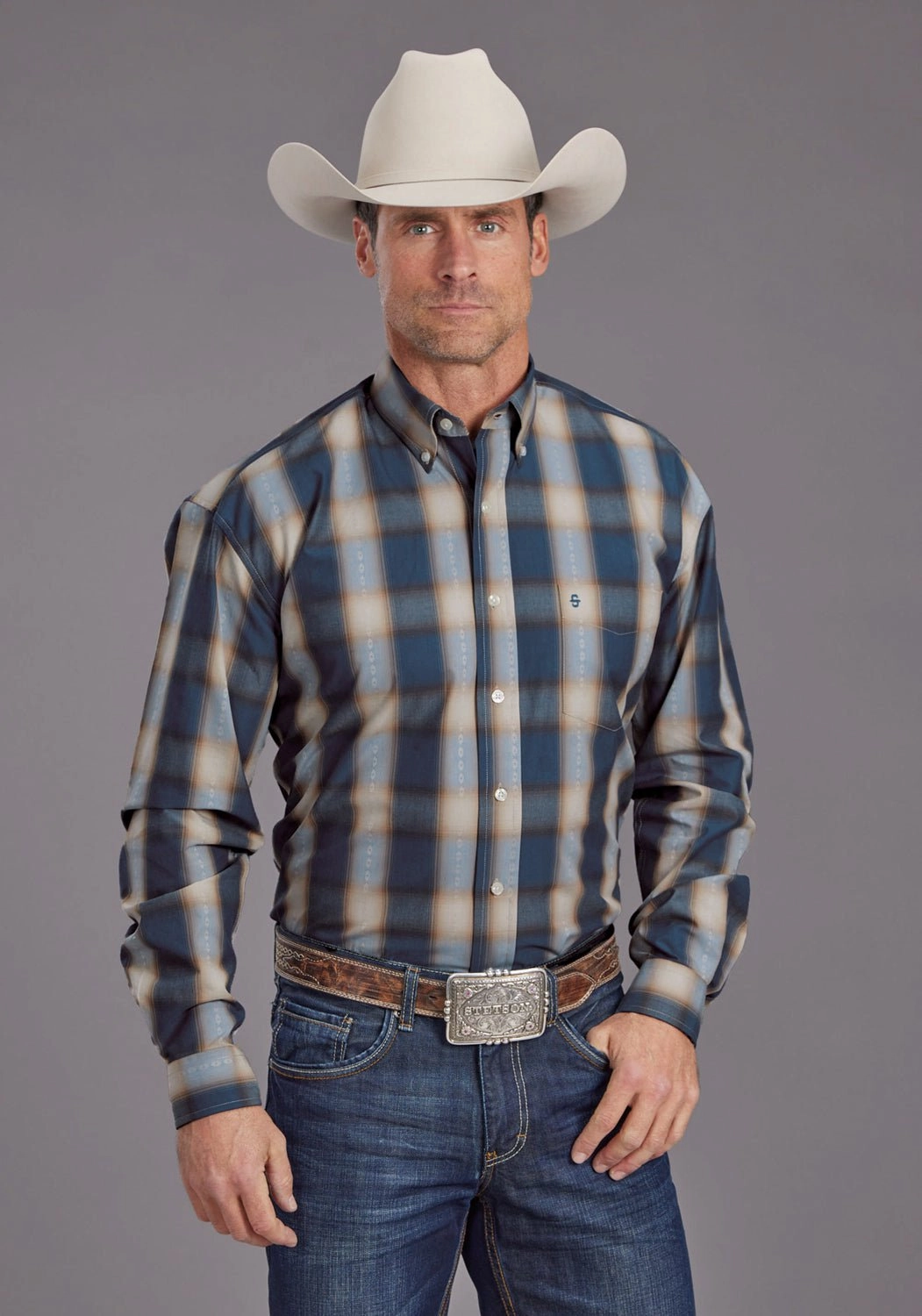 Chic Look Stetson Mens Vintage Dobby Blue 100% Cotton 1 Pkt L/S Shirt