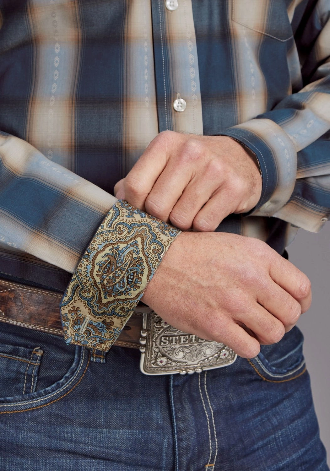 Stetson Mens Vintage Dobby Blue 100% Cotton 1 Pkt L/S Shirt Yoke Design