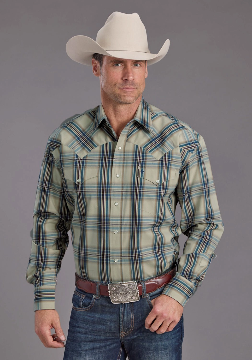 Stetson Mens Vintage Indigo Plaid Blue 100% Cotton L/S Shirt Street Style Travelers Choice