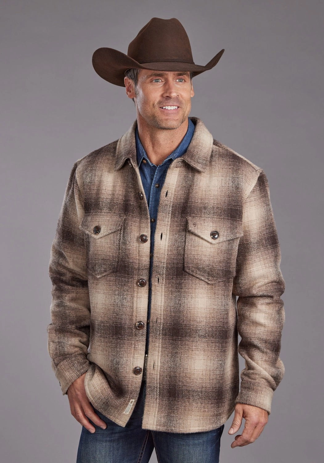 Stetson Mens Western Plaid Shirt Brown/Tan 100% Wool Wool Jacket Modern Layers Elegant Evening