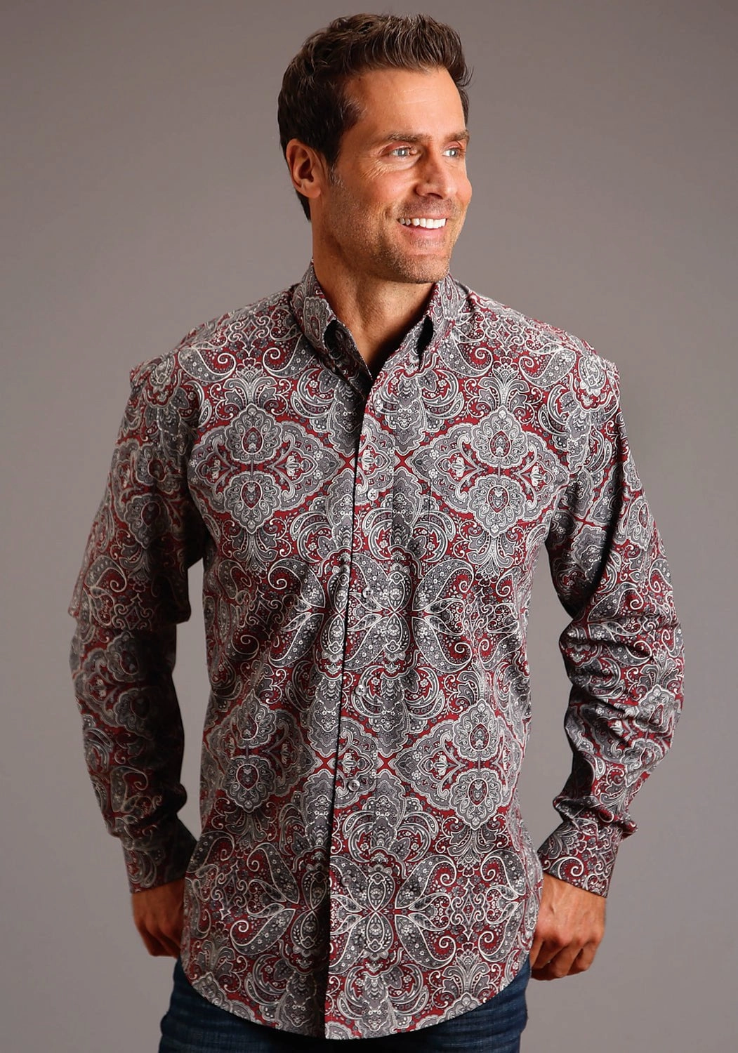 Stetson Mens Wine 100% Cotton Medallion Paisley BD L/S 1 Pocket Shirt All Day Comfort Tech Easy Care Material