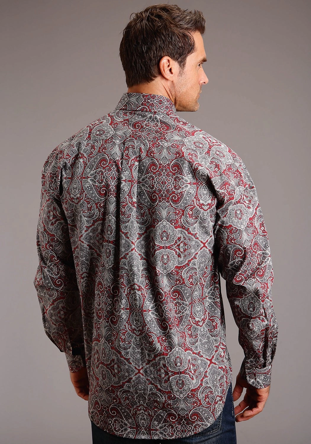Country Escape Festival Fashion Stetson Mens Wine 100% Cotton Medallion Paisley BD L/S 1 Pocket Shirt