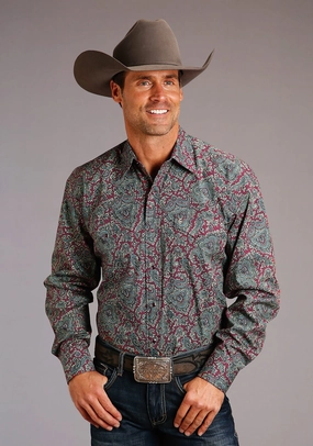 Stetson Mens Wine 100% Cotton Merlot Paisley L/S Shirt Structured Shoulder Support Quick Dry Technology