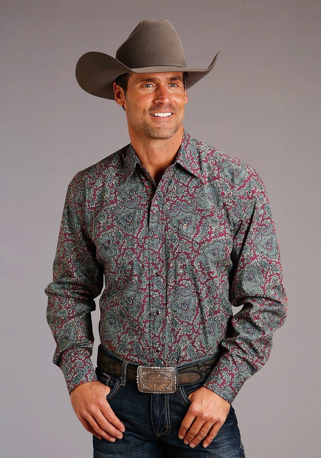 Comfort Stretch Hooded Neckline Stetson Mens Wine 100% Cotton Merlot Paisley L/S Shirt