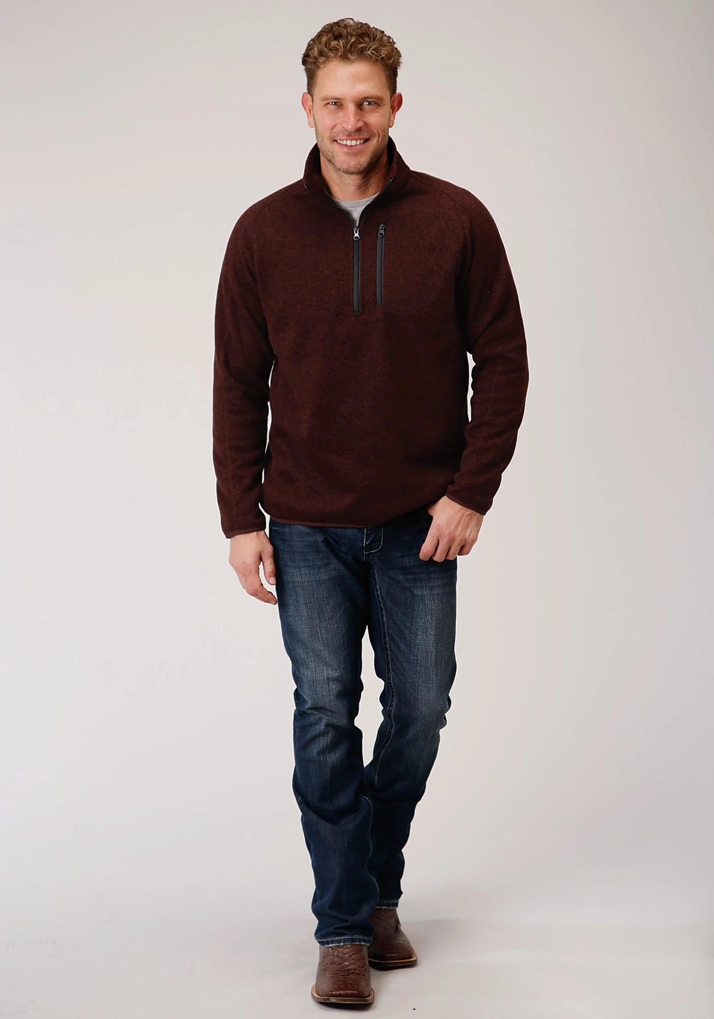 Stetson Mens Wine Polyester 1/4 Zip Pullover Sweater slim cut