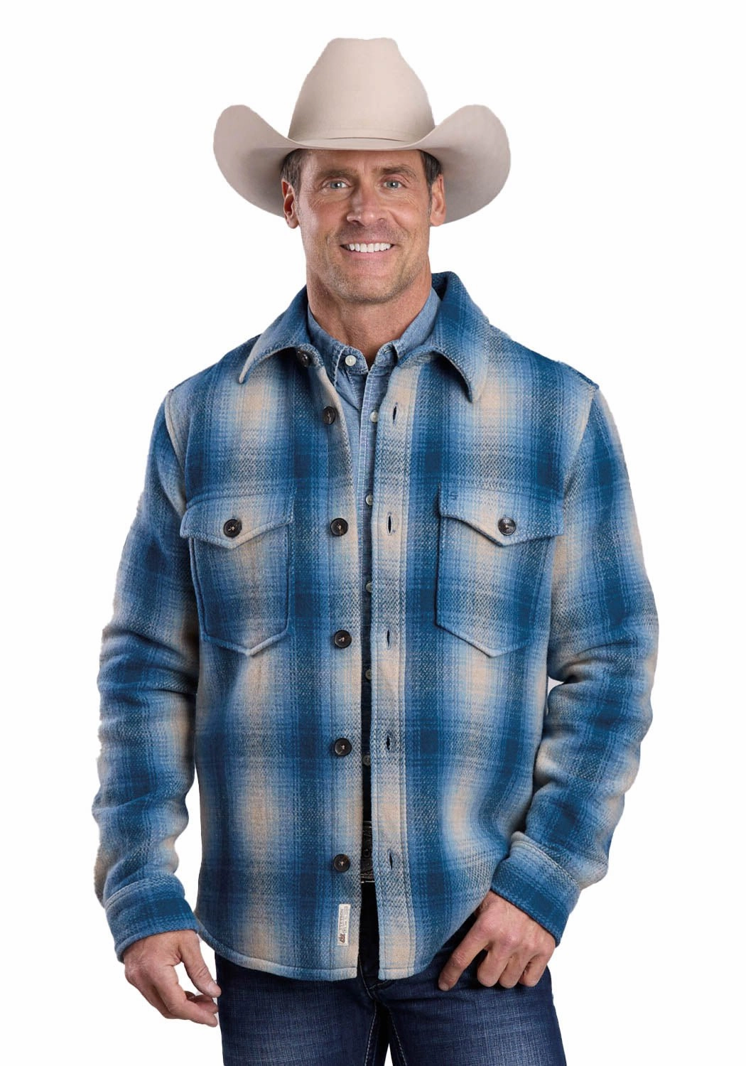 Stetson Mens Wooly Plaid Shirt Blue/White 100% Wool Wool Jacket BondedZipperGuards