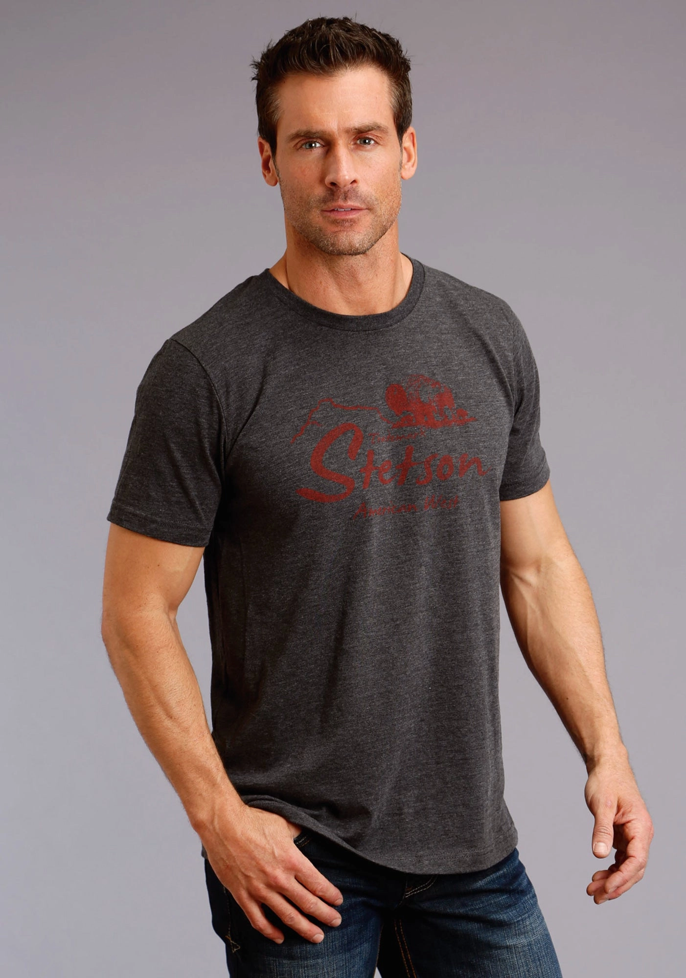 Gym Appropriate Stetson Unisex Grey 100% Cotton Buffalo S/S T-Shirt