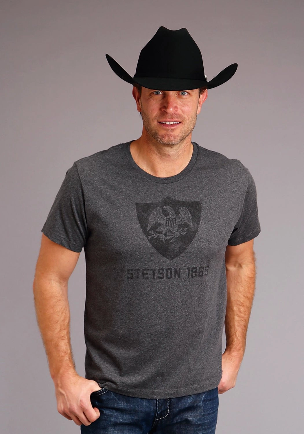 Multipurpose Layering Fabric Youthful Appeal Stetson Unisex Grey Cotton Blend Eagle Crest S/S T-Shirt