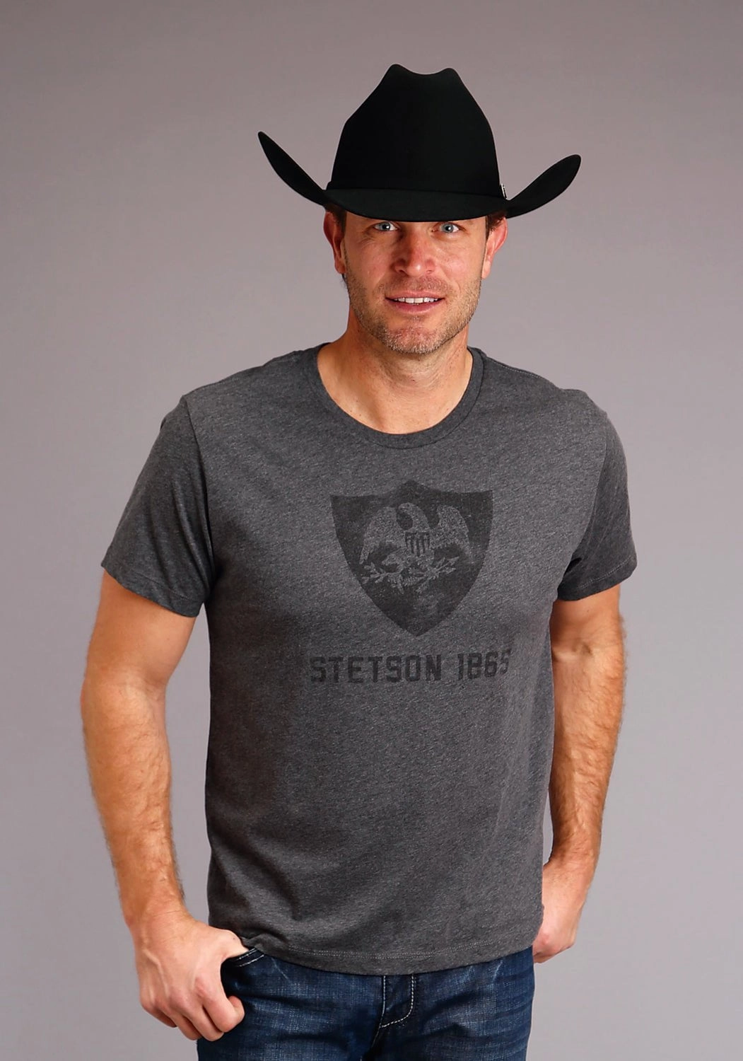 Minimalist Design Stetson Unisex Grey Cotton Blend Eagle Crest S/S T-Shirt