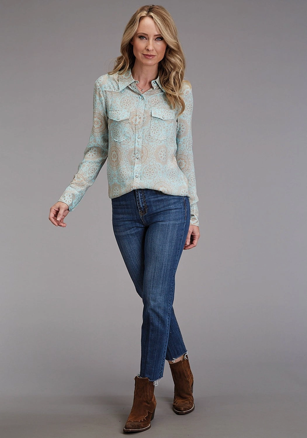 Minimalist Design Sophisticated Style Stetson Womens 1986 Mandala Print Aqua 100% Rayon L/S Shirt