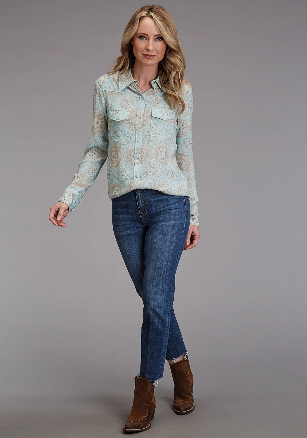 Stetson Womens 1986 Mandala Print Aqua 100% Rayon L/S Shirt Graduation Attire