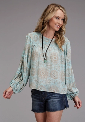 Work Appropriate Stetson Womens 1986 Mandala Print Aqua 100% Rayon L/S Tunic