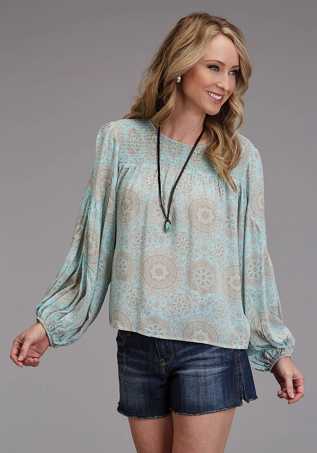 Stetson Womens 1986 Mandala Print Aqua 100% Rayon L/S Tunic Laser Cut Edge Detail