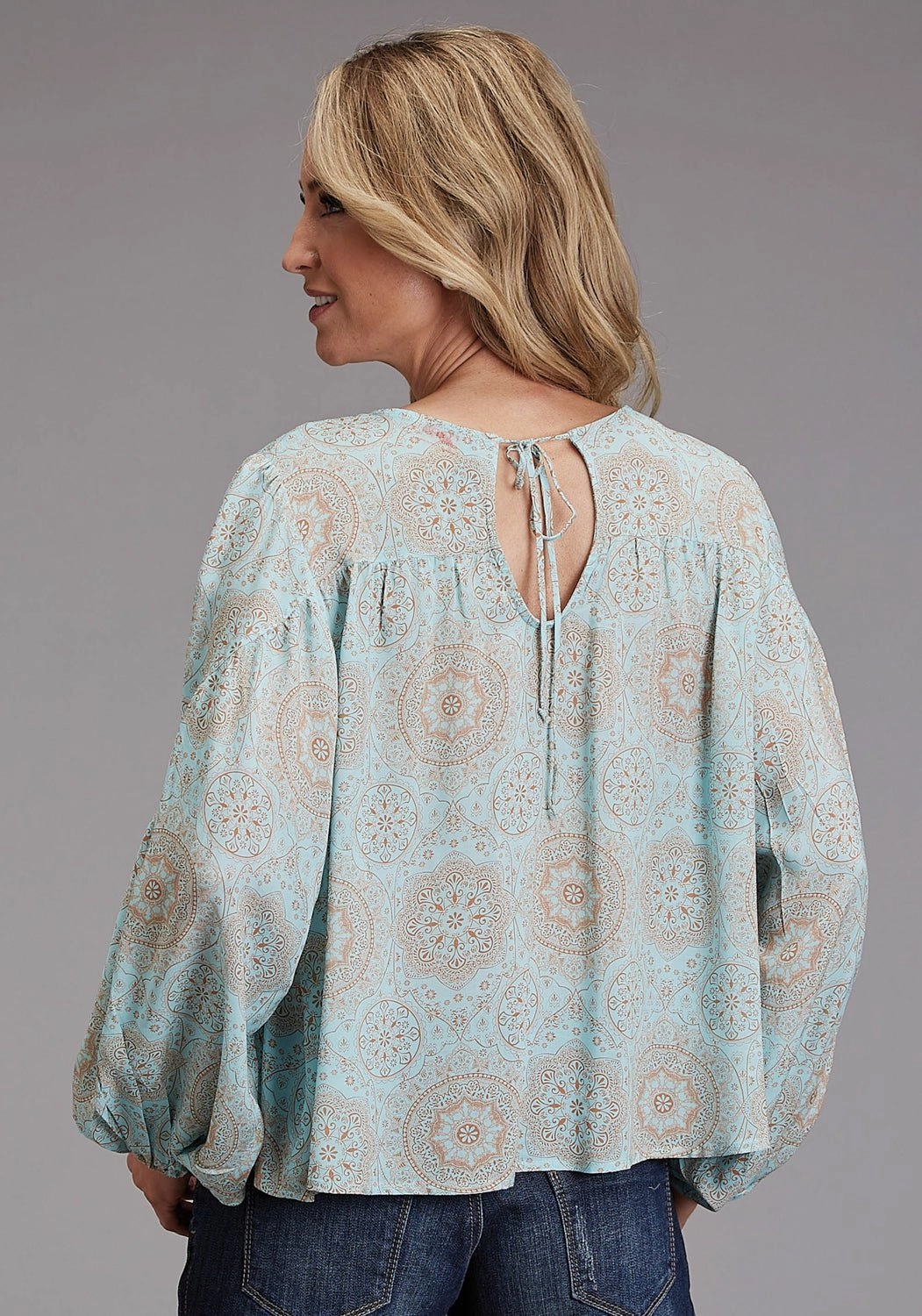 Stretchy Cloth Stetson Womens 1986 Mandala Print Aqua 100% Rayon L/S Tunic