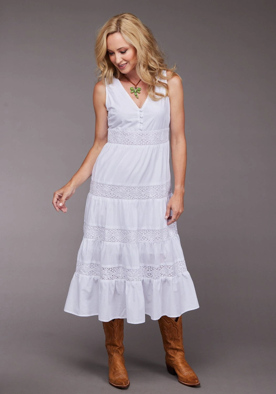 Stetson Womens 2096 Gathered Tier White 100% Cotton S/L Dress Crisp Look Straight-Cut