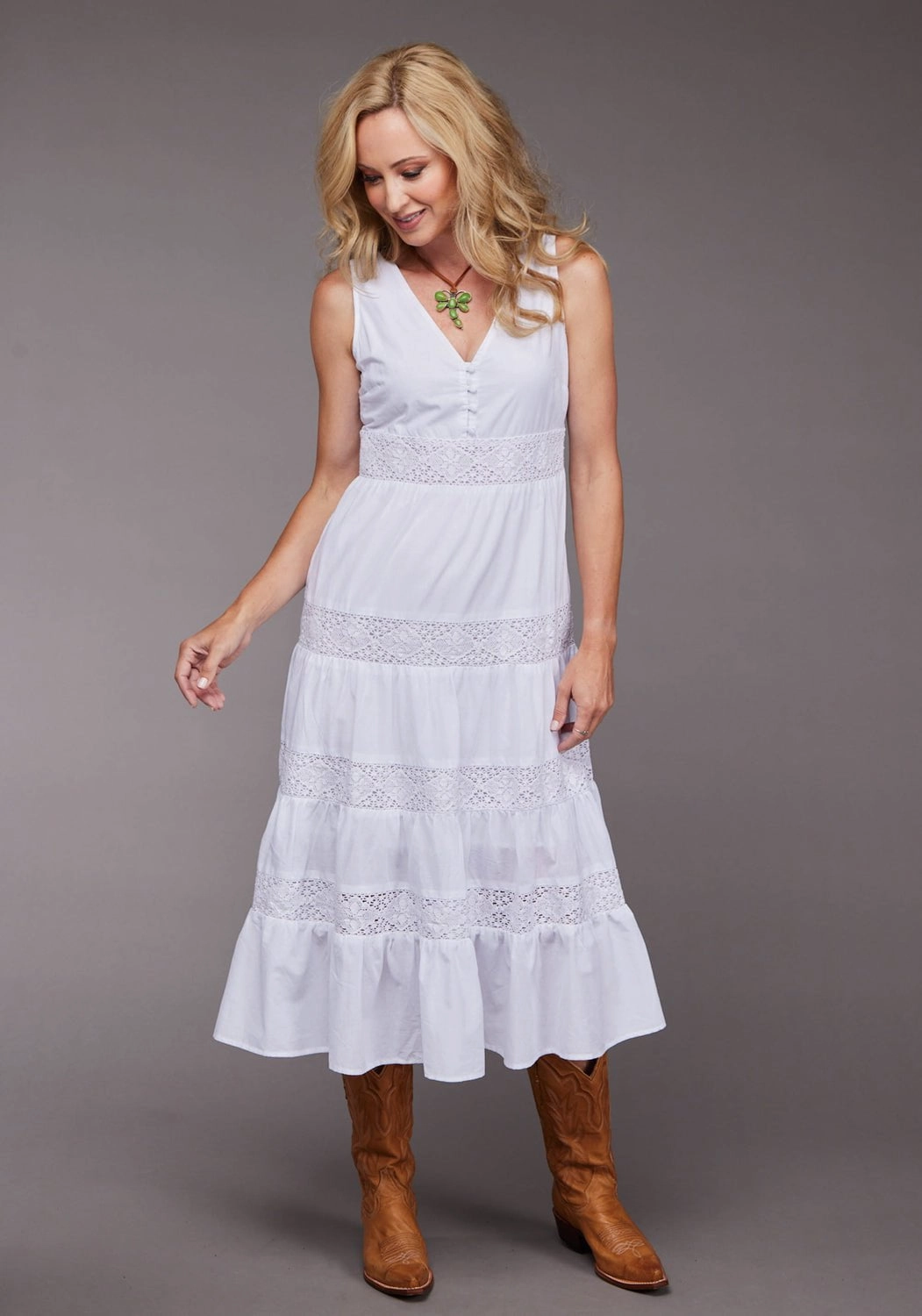 Stetson Womens 2096 Gathered Tier White 100% Cotton S/L Dress Essential Layer Home Style